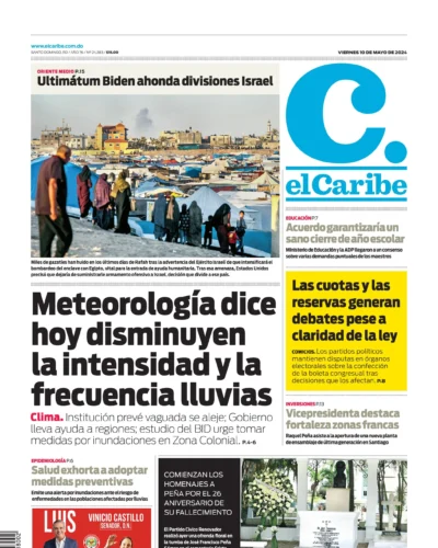 Portada Periódico El Caribe, Viernes 10 Mayo, 2024