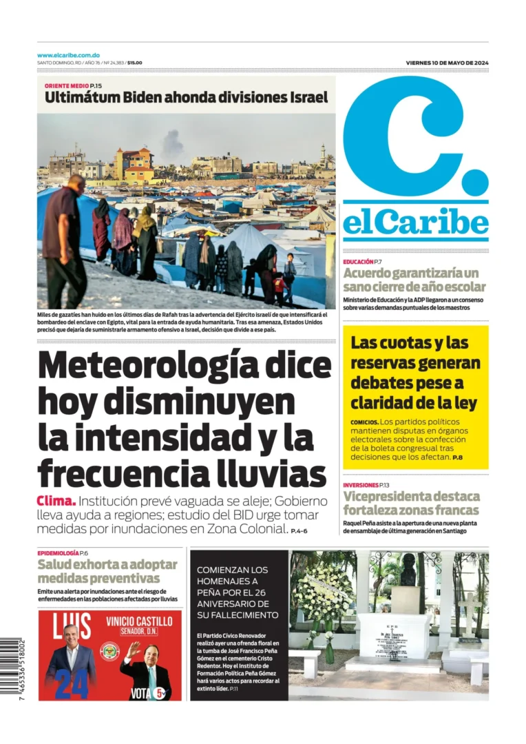 Portada Periódico El Caribe, Viernes 10 Mayo, 2024