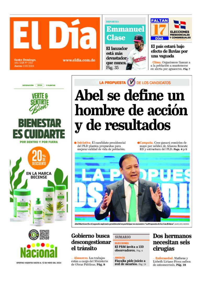 Portada Periódico El Día, Jueves 02 Mayo, 2024