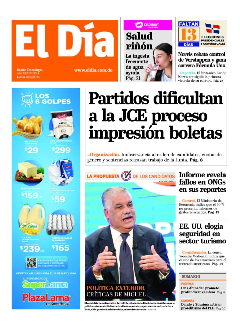 Portada Periódico El Día, Lunes 06 Mayo, 2024