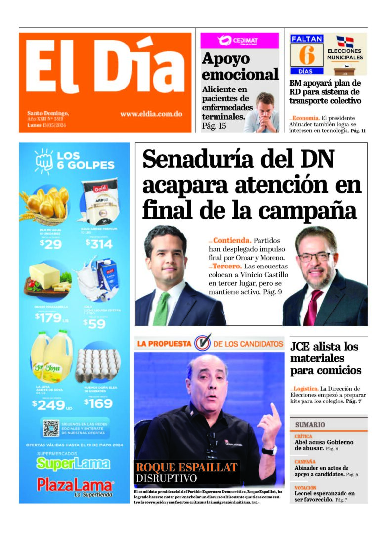 Portada Periódico El Día, Lunes 13 Mayo, 2024