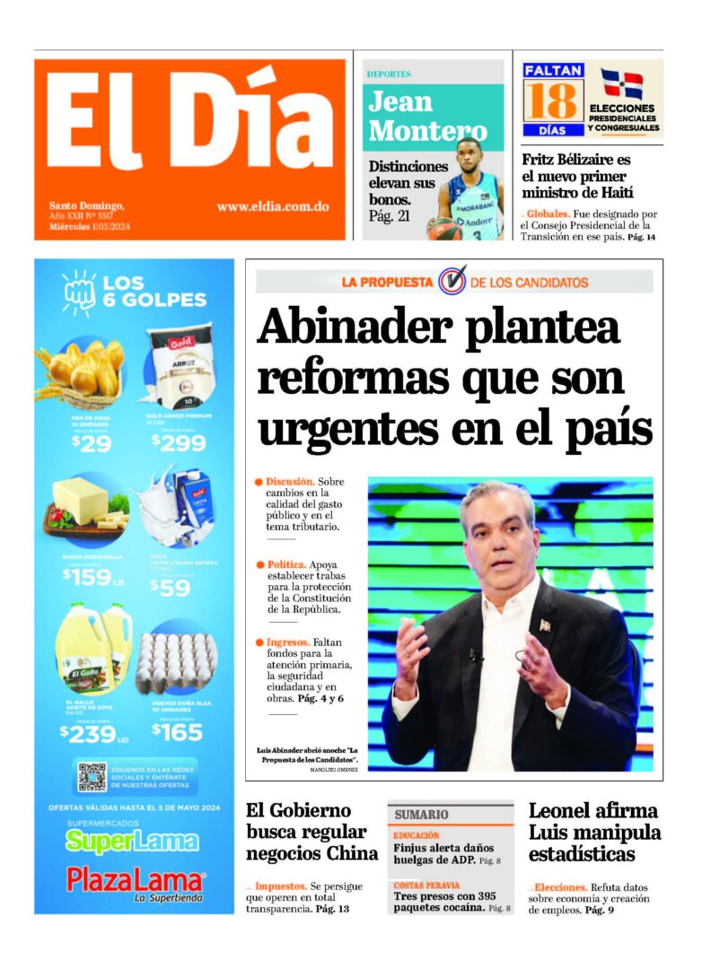 Portada Periódico El Día, Miércoles 01 Mayo, 2024