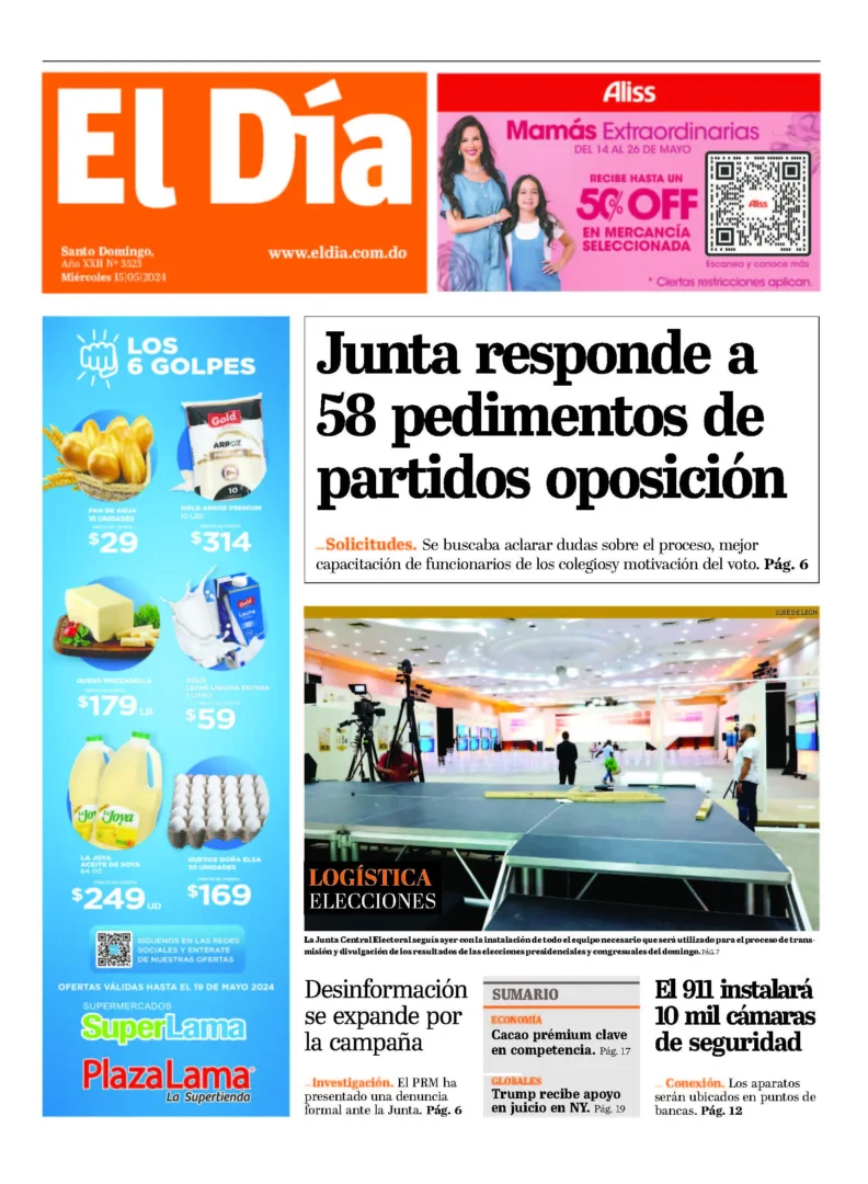 Portada Periódico El Día, Miércoles 15 Mayo, 2024