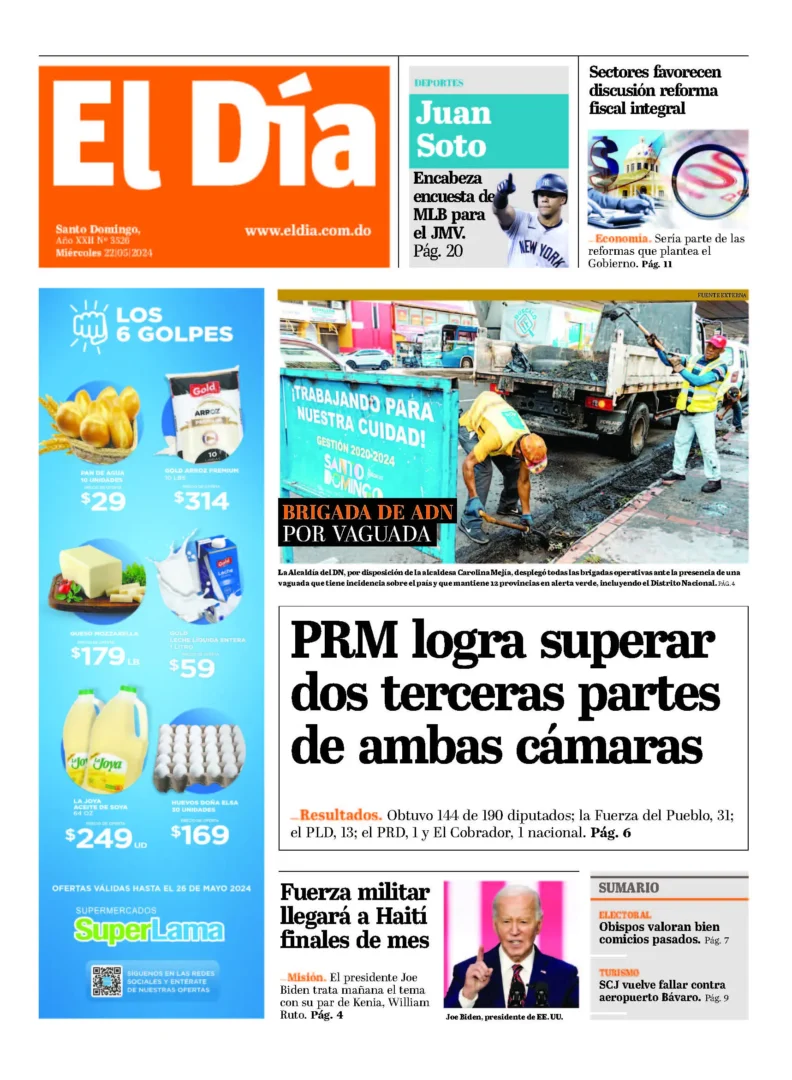 Portada Periódico El Día, Miércoles 22 Mayo, 2024