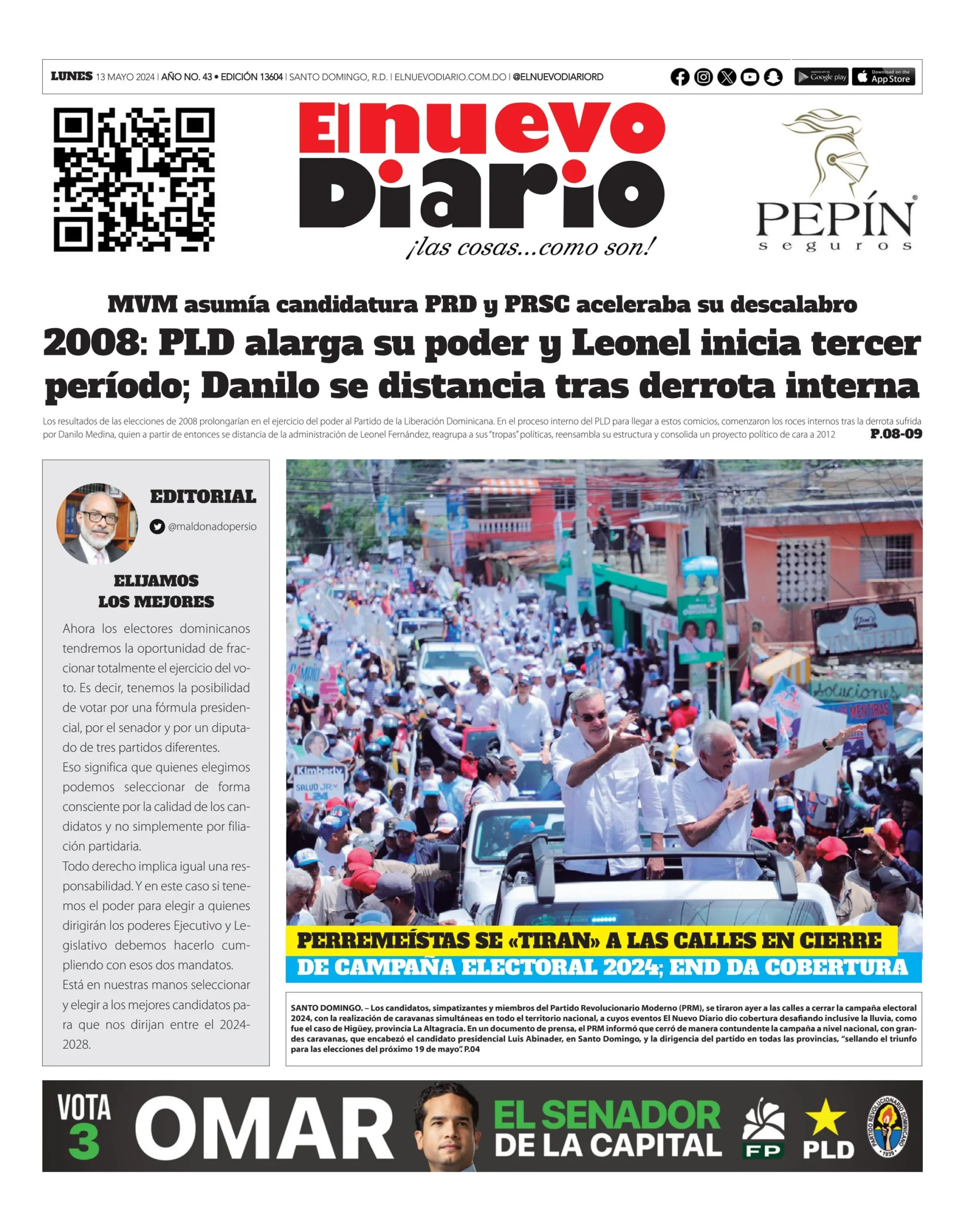 Portada Periódico El Nuevo Diario, Lunes 13 Mayo, 2024