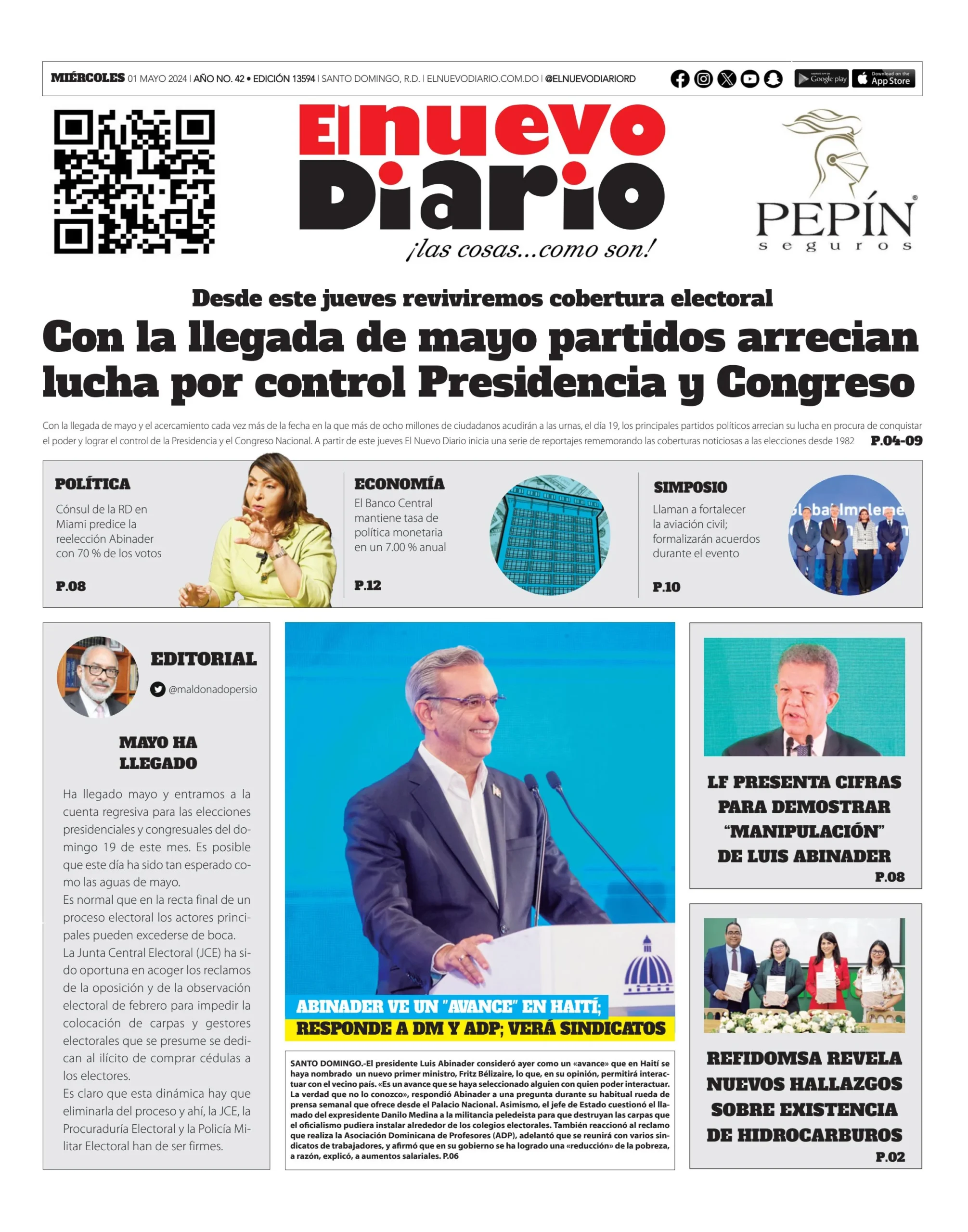 Portada Periódico El Nuevo Diario, Miércoles 01 Mayo, 2024