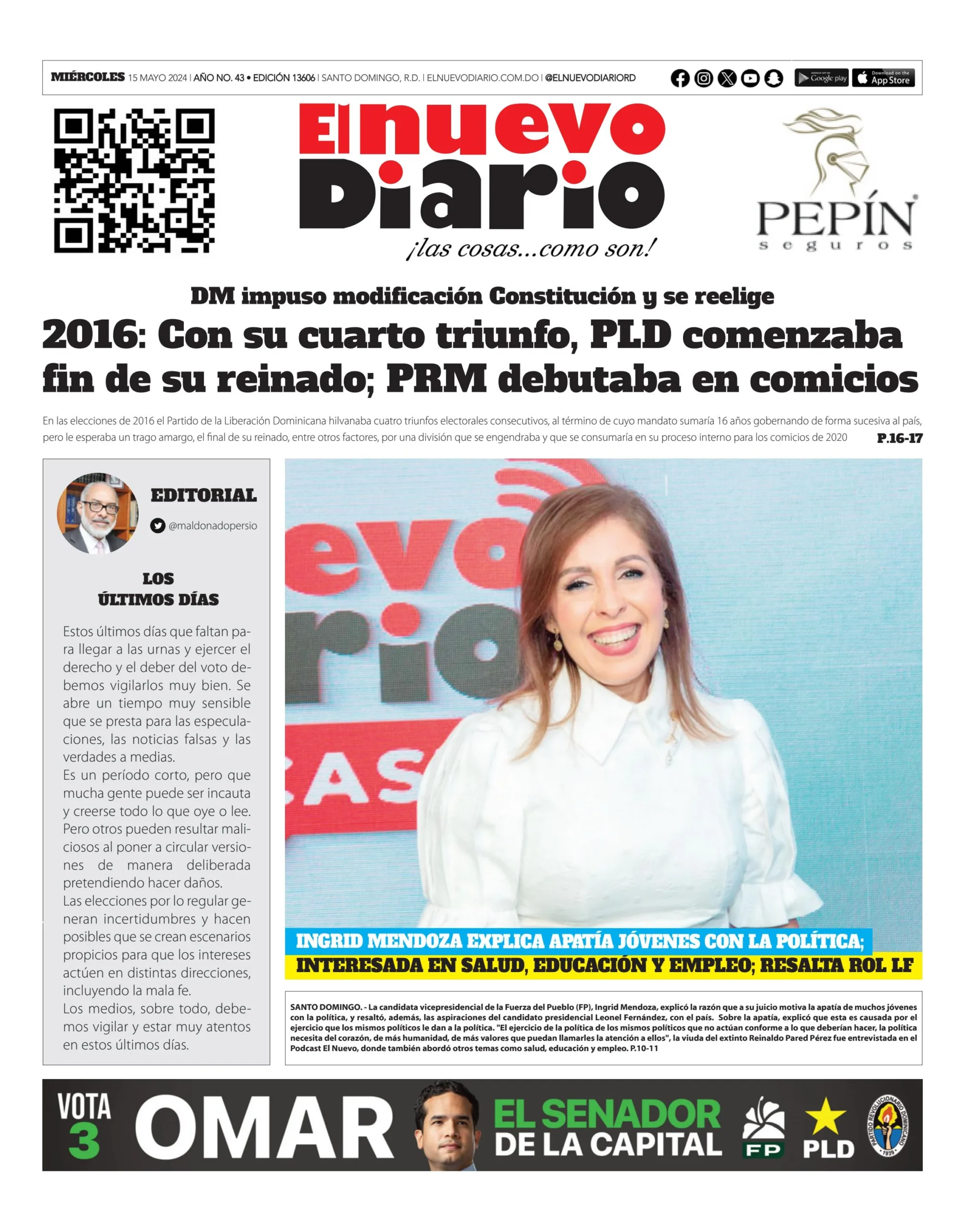 Portada Periódico El Nuevo Diario, Miércoles 15 Mayo, 2024