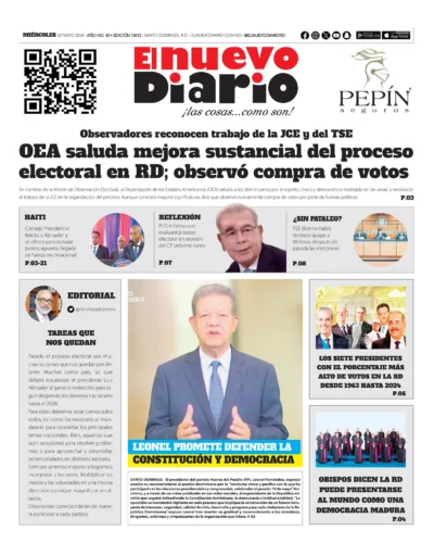 Portada Periódico El Nuevo Diario, Miércoles 22 Mayo, 2024