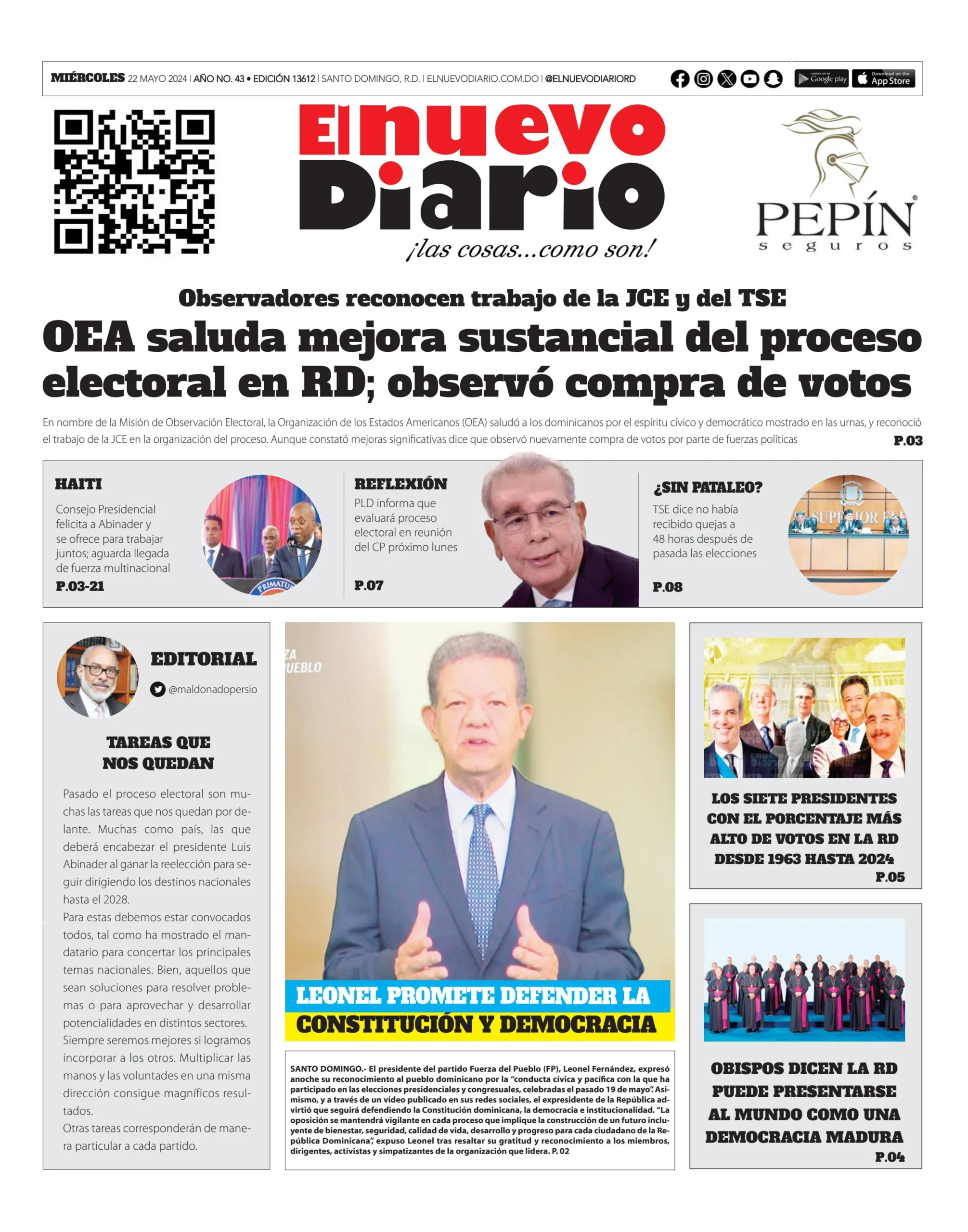 Portada Periódico El Nuevo Diario, Miércoles 22 Mayo, 2024
