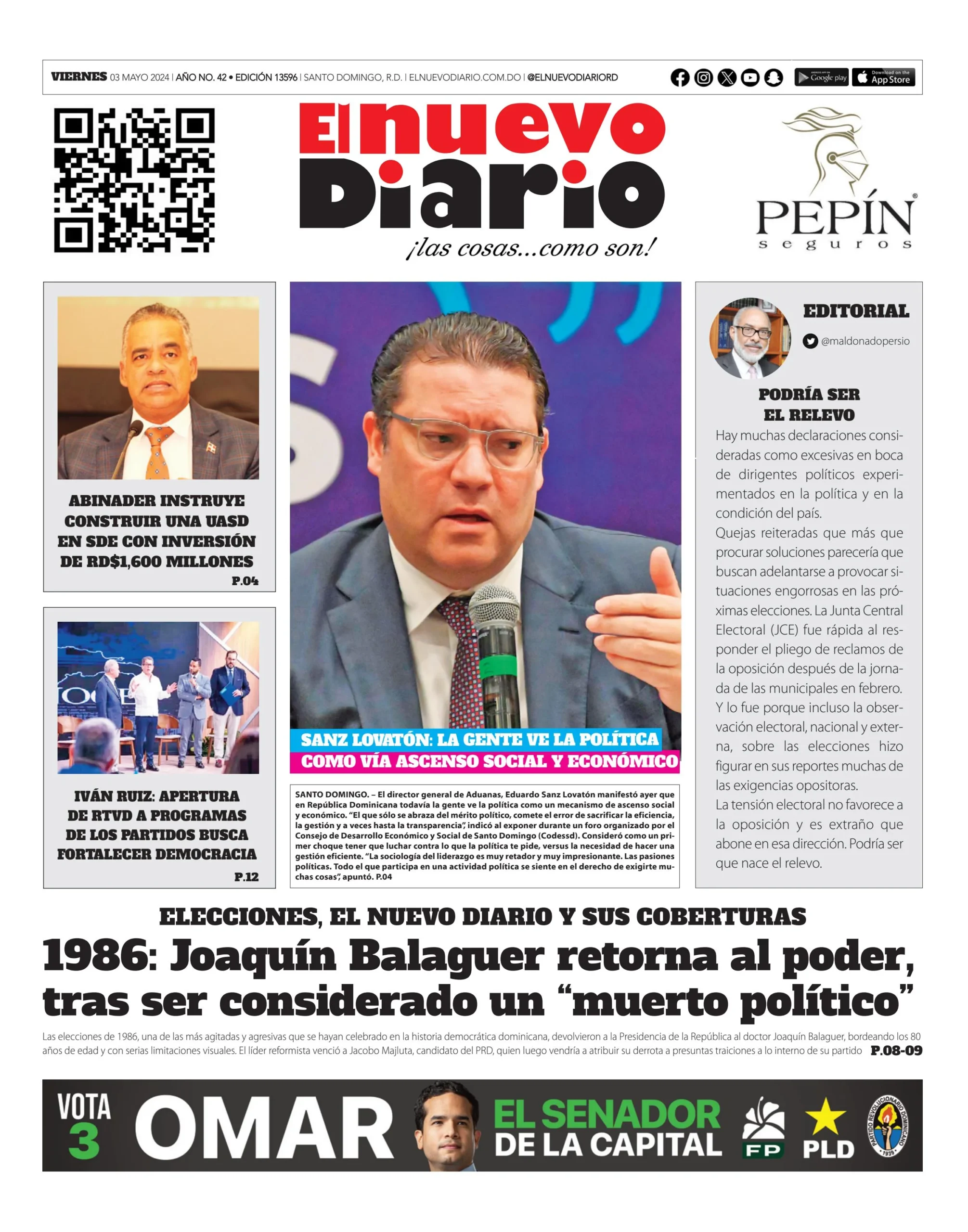 Portada Periódico El Nuevo Diario, Viernes 03 Mayo, 2024