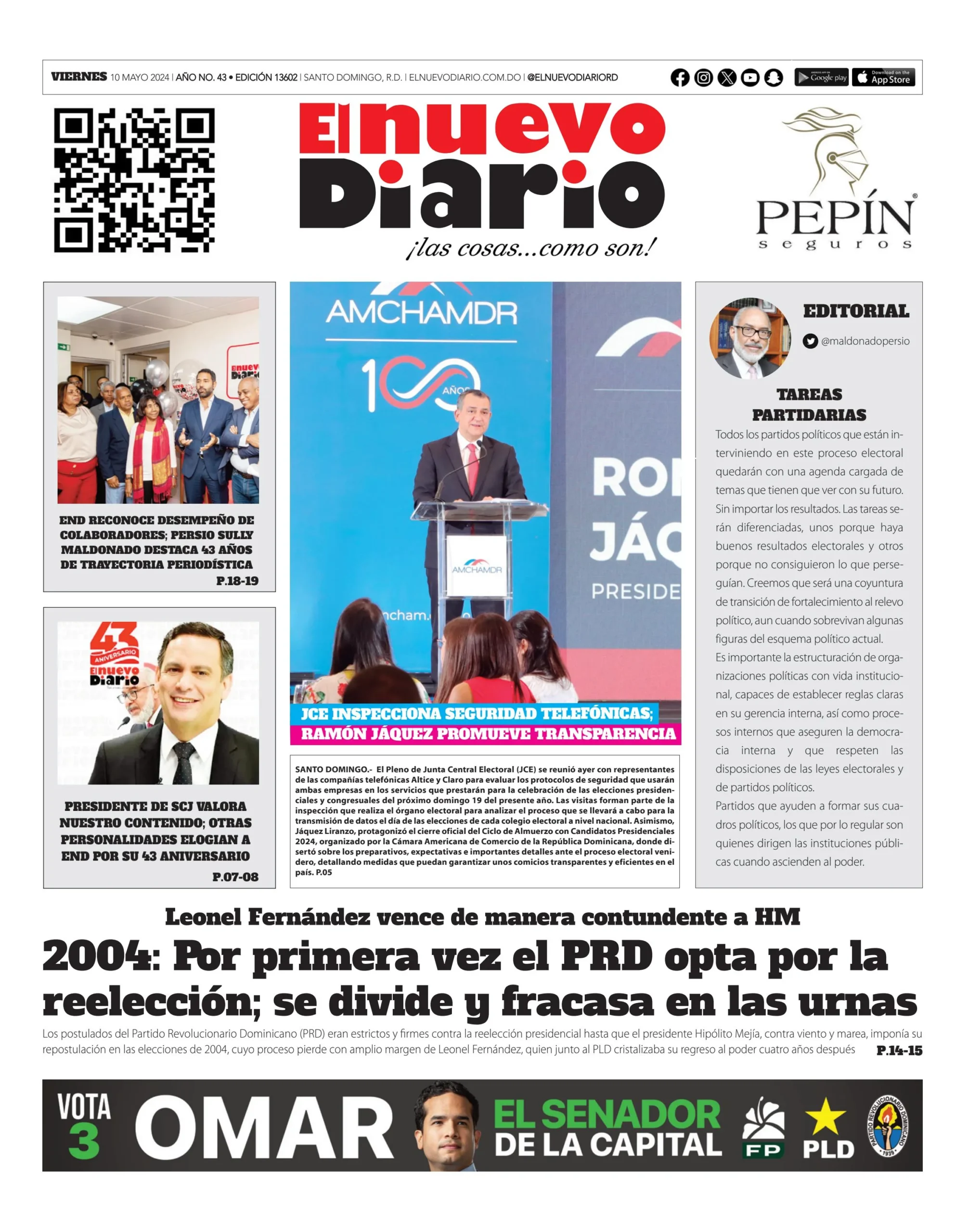Portada Periódico El Nuevo Diario, Viernes 10 Mayo, 2024