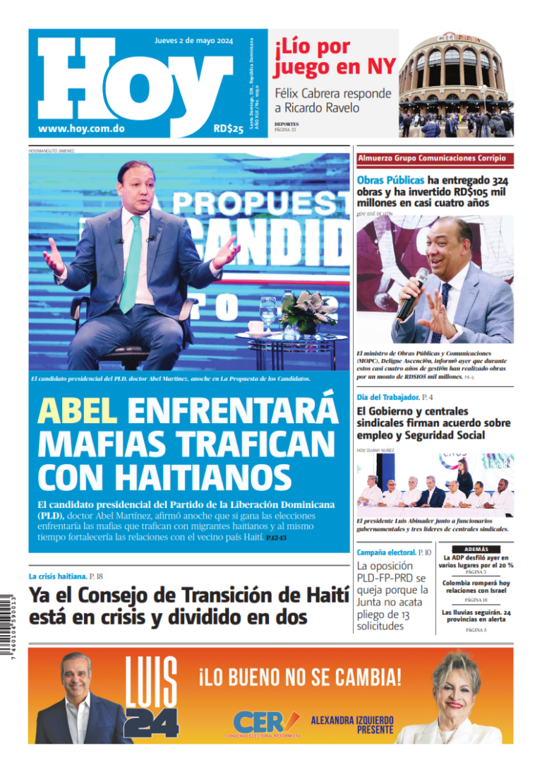 Portada Periódico Hoy, Jueves 02 Mayo, 2024