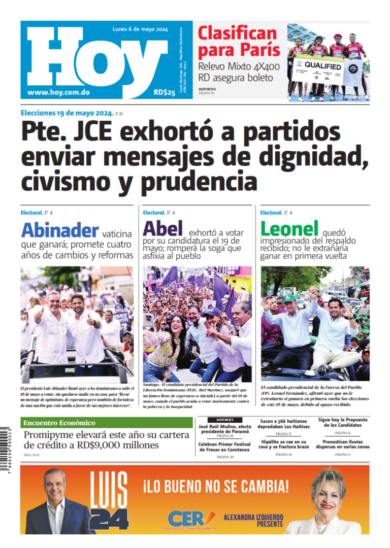 Portada Periódico Hoy, Lunes 06 Mayo, 2024