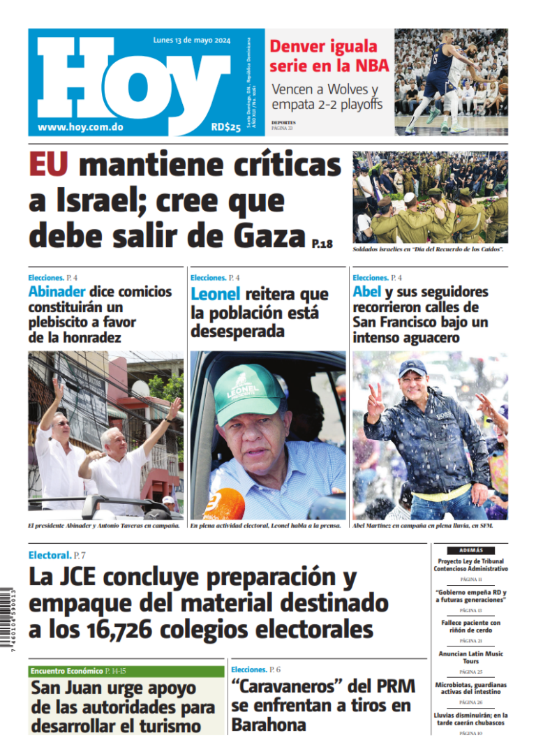 Portada Periódico Hoy, Lunes 13 Mayo, 2024