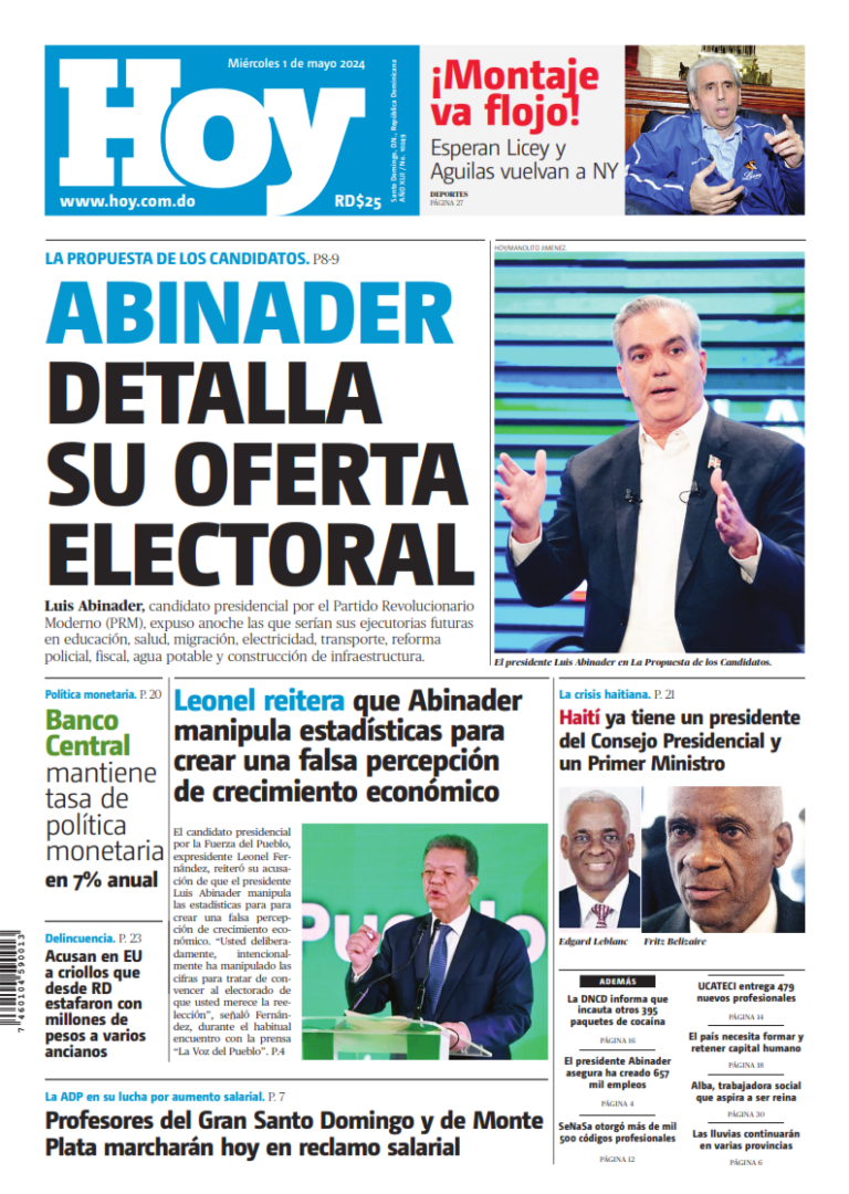 Portada Periódico Hoy, Miércoles 01 Mayo, 2024
