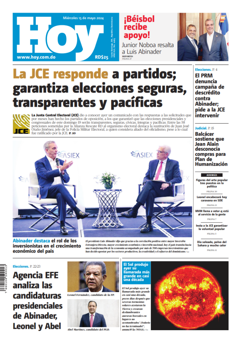 Portada Periódico Hoy, Miércoles 15 Mayo, 2024