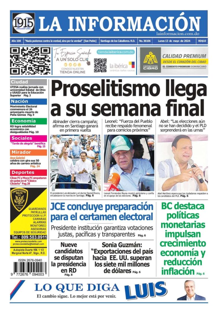 Portada Periódico La Información, Lunes 13 Mayo, 2024