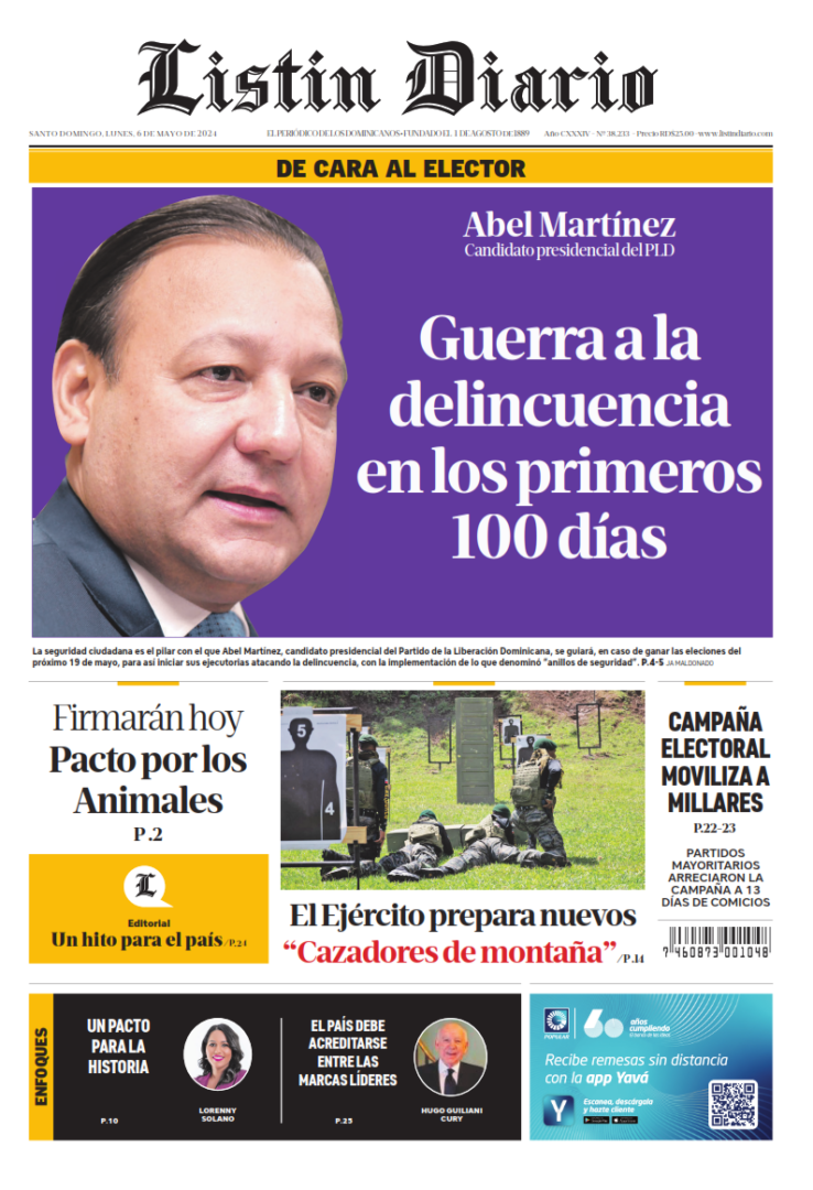 Portada Periódico Listín Diario, Lunes 06 Mayo, 2024