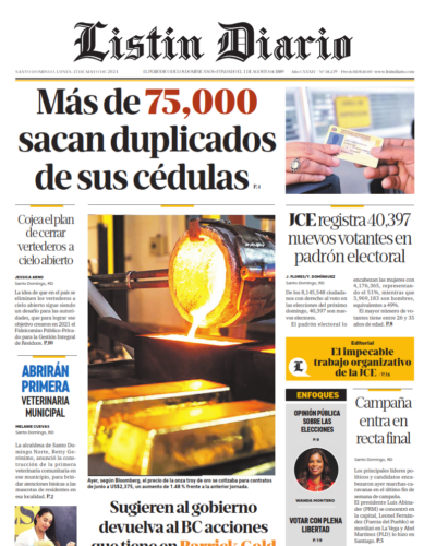 Portada Periódico Listín Diario, Lunes 13 Mayo, 2024