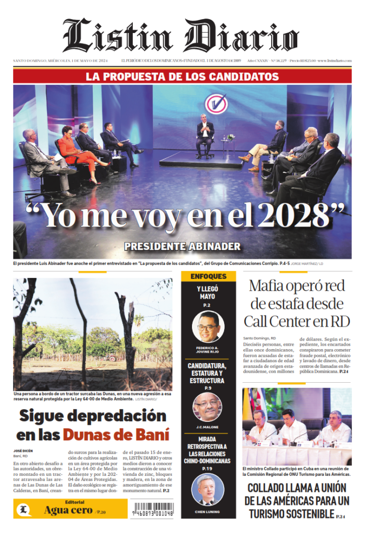 Portada Periódico Listín Diario, Miércoles 01 Mayo, 2024