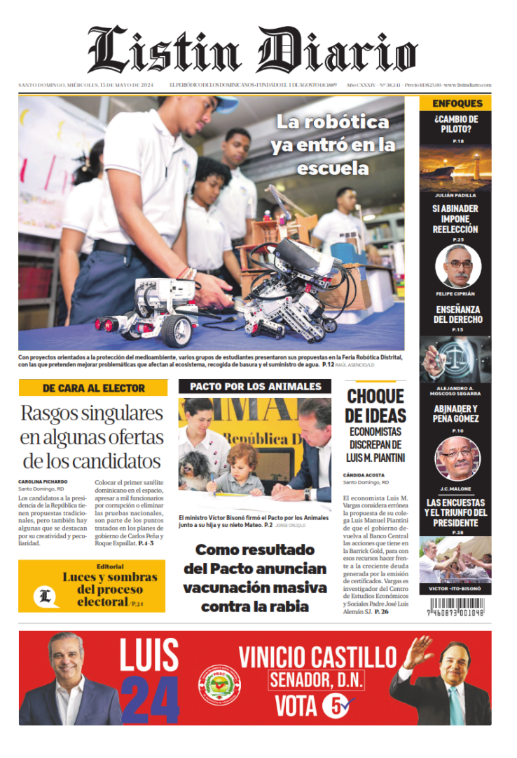 Portada Periódico Listín Diario, Miércoles 15 Mayo, 2024