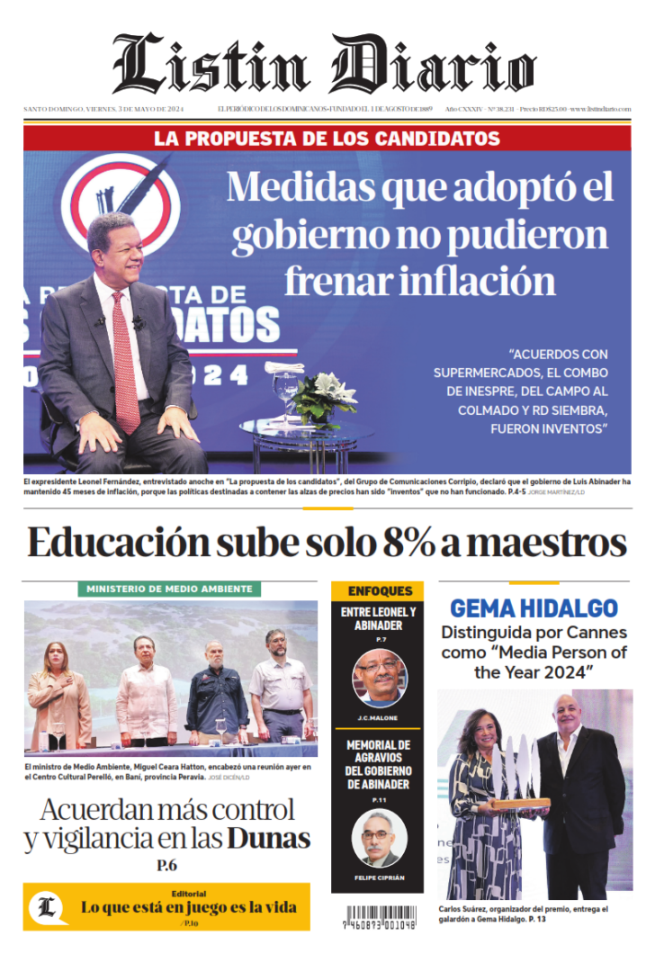 Portada Periódico Listín Diario, Viernes 03 Mayo, 2024