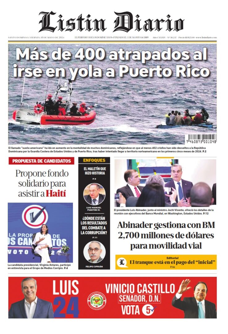 Portada Periódico Listín Diario, Viernes 10 Mayo, 2024