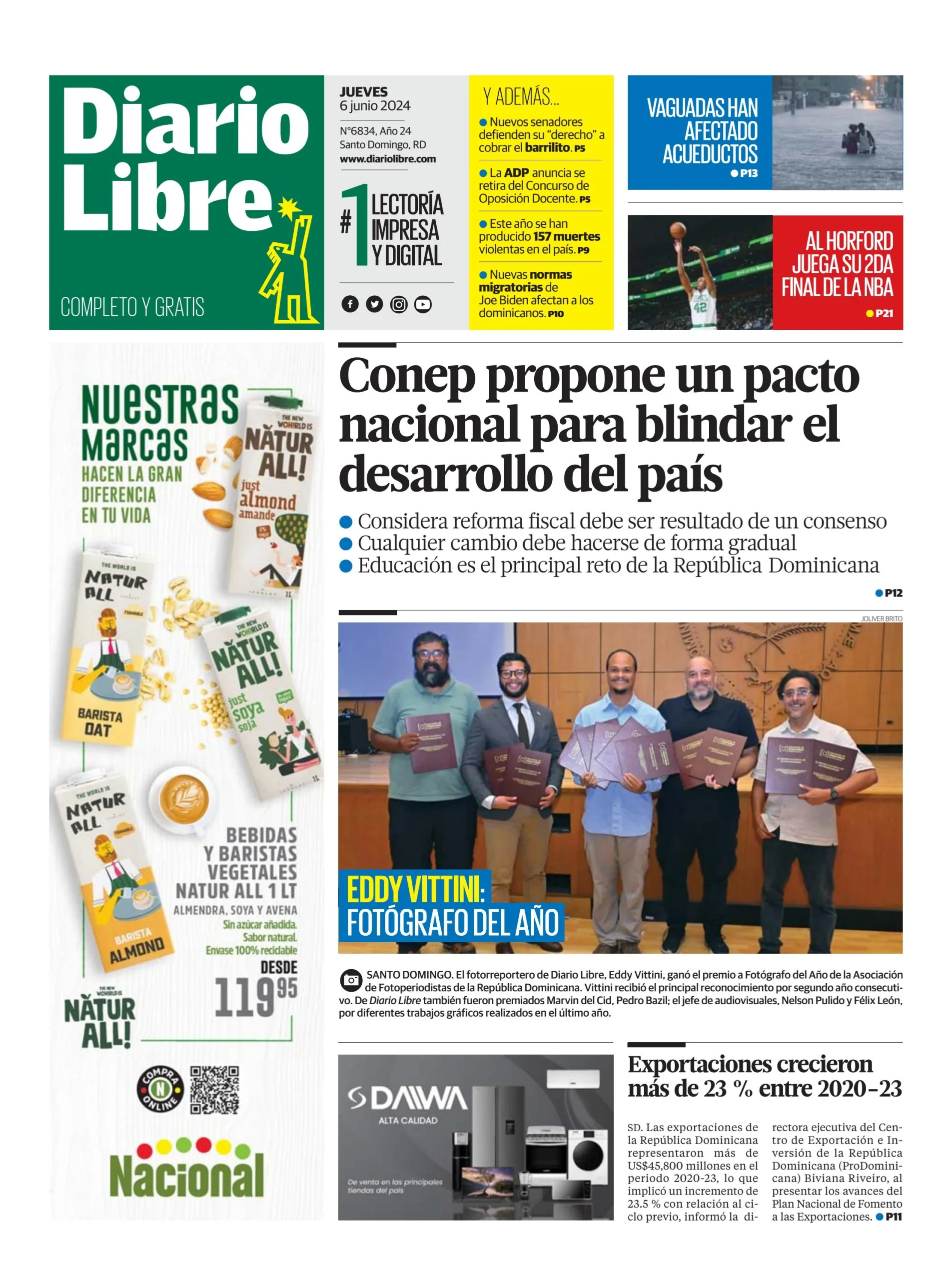 Portada Periódico Diario Libre, Jueves 06 Junio, 2024
