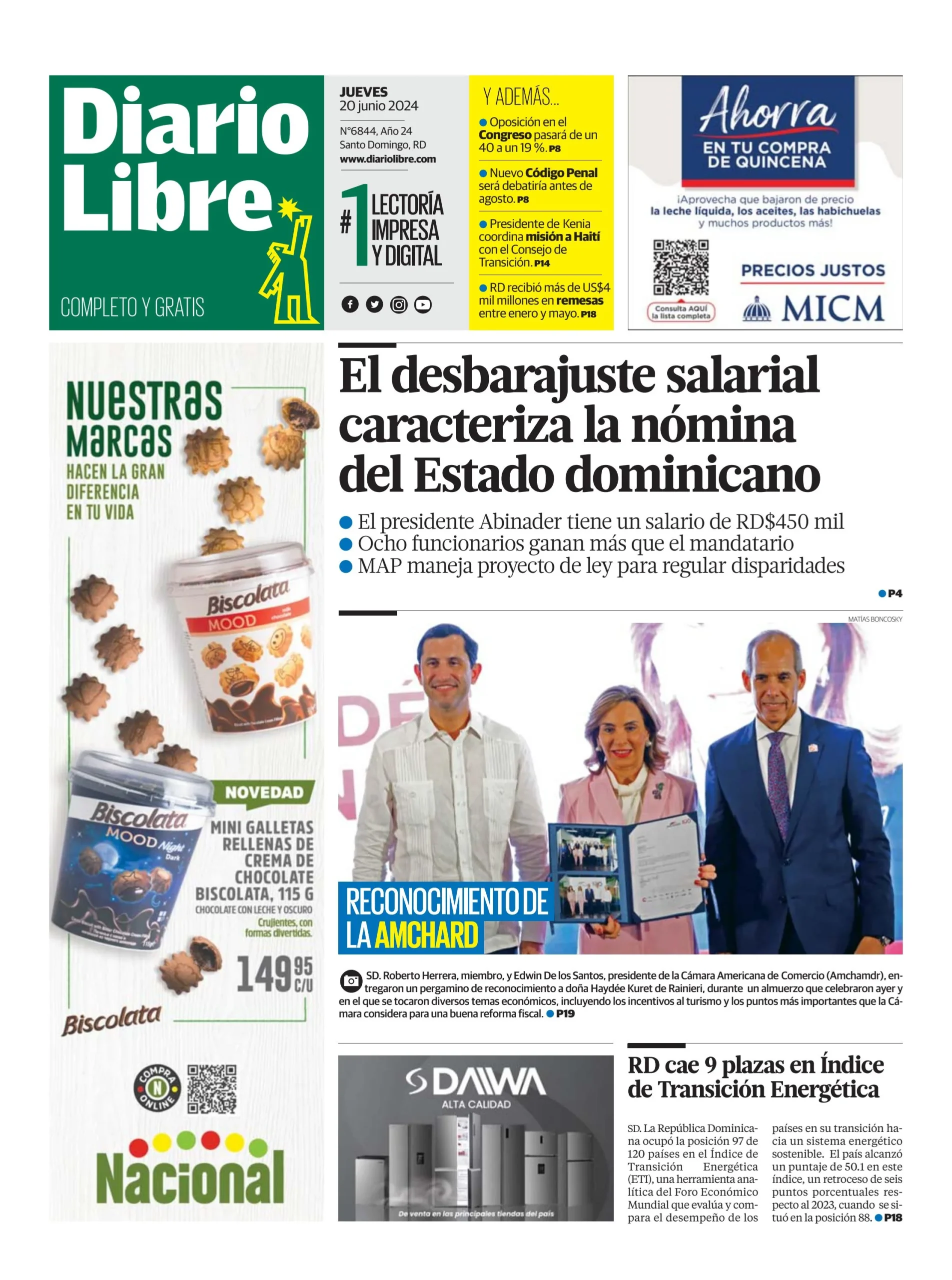 Portada Periódico Diario Libre, Jueves 20 Junio, 2024