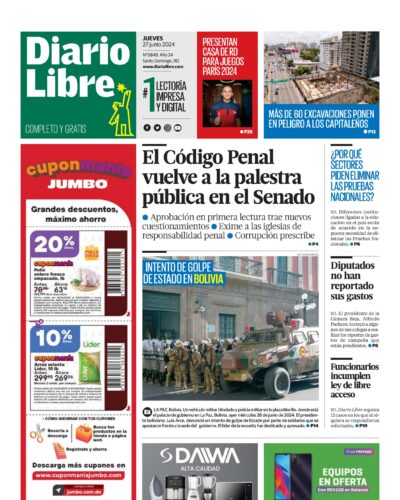 Portada Periódico Diario Libre, Jueves 27 Junio, 2024