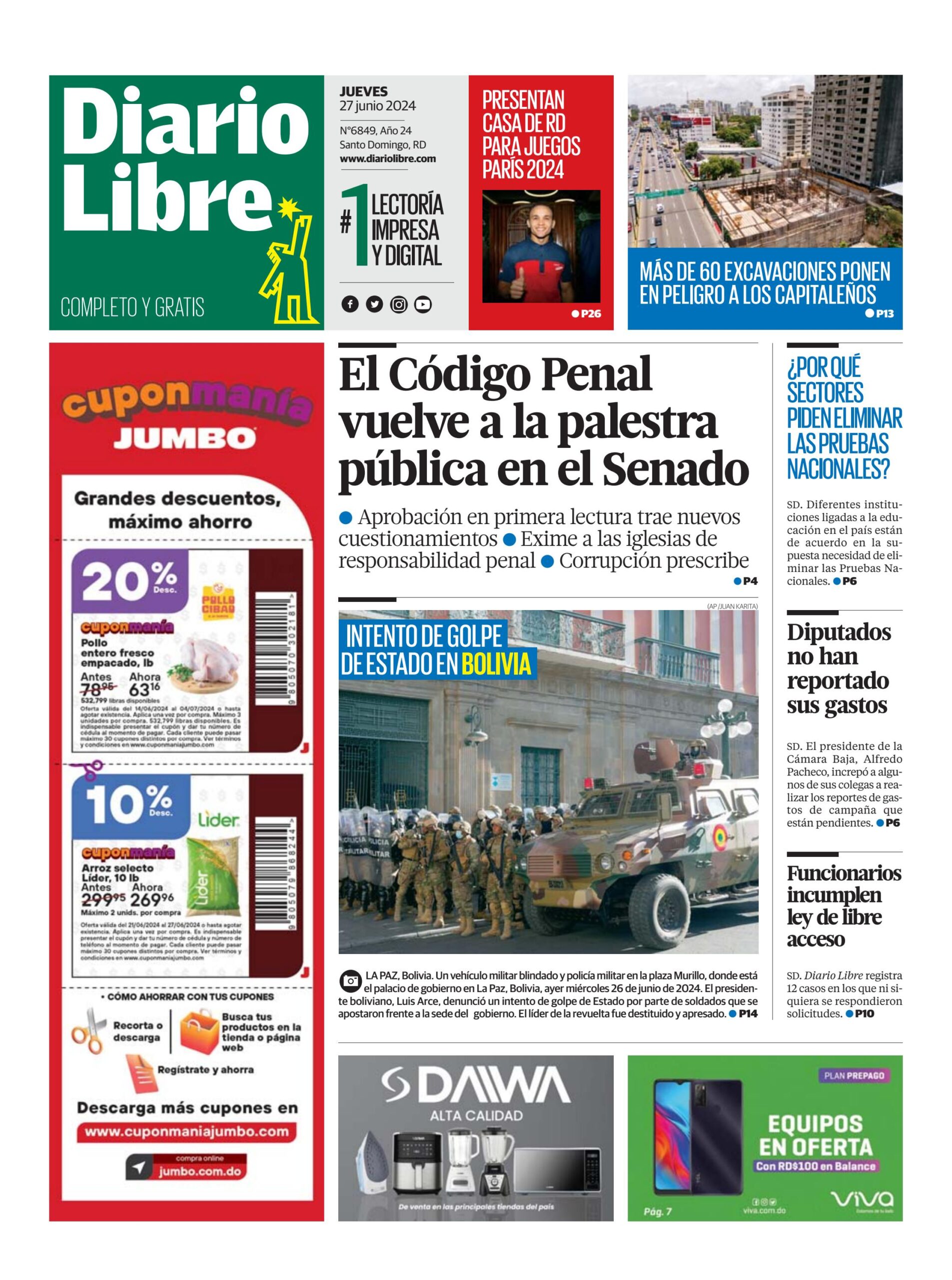 Portada Periódico Diario Libre, Jueves 27 Junio, 2024