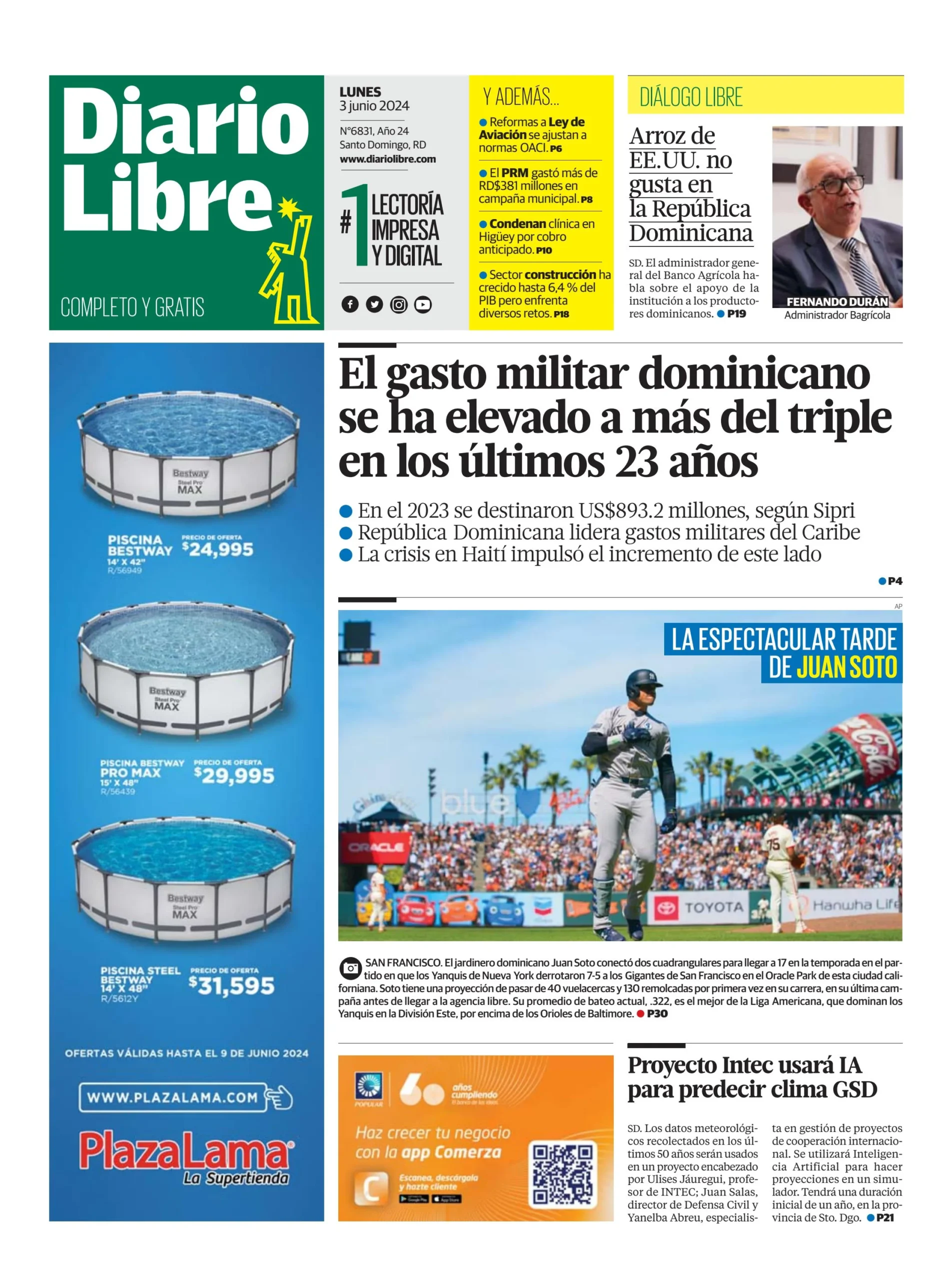 Portada Periódico Diario Libre, Lunes 03 Junio, 2024