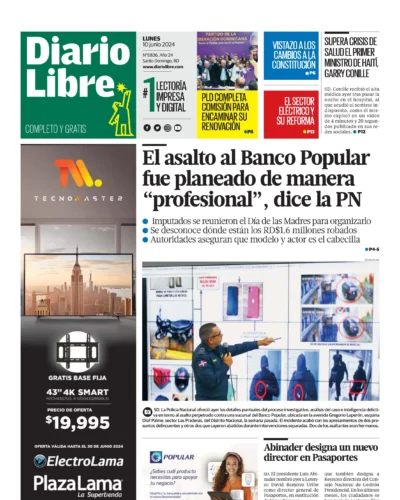 Portada Periódico Diario Libre, Lunes 10 Junio, 2024