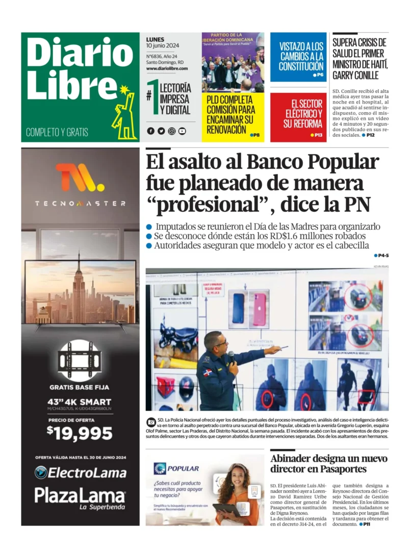 Portada Periódico Diario Libre, Lunes 10 Junio, 2024