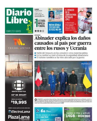 Portada Periódico Diario Libre, Lunes 17 Junio, 2024