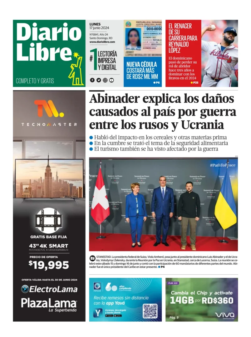 Portada Periódico Diario Libre, Lunes 17 Junio, 2024