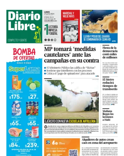 Portada Periódico Diario Libre, Lunes 24 Junio, 2024