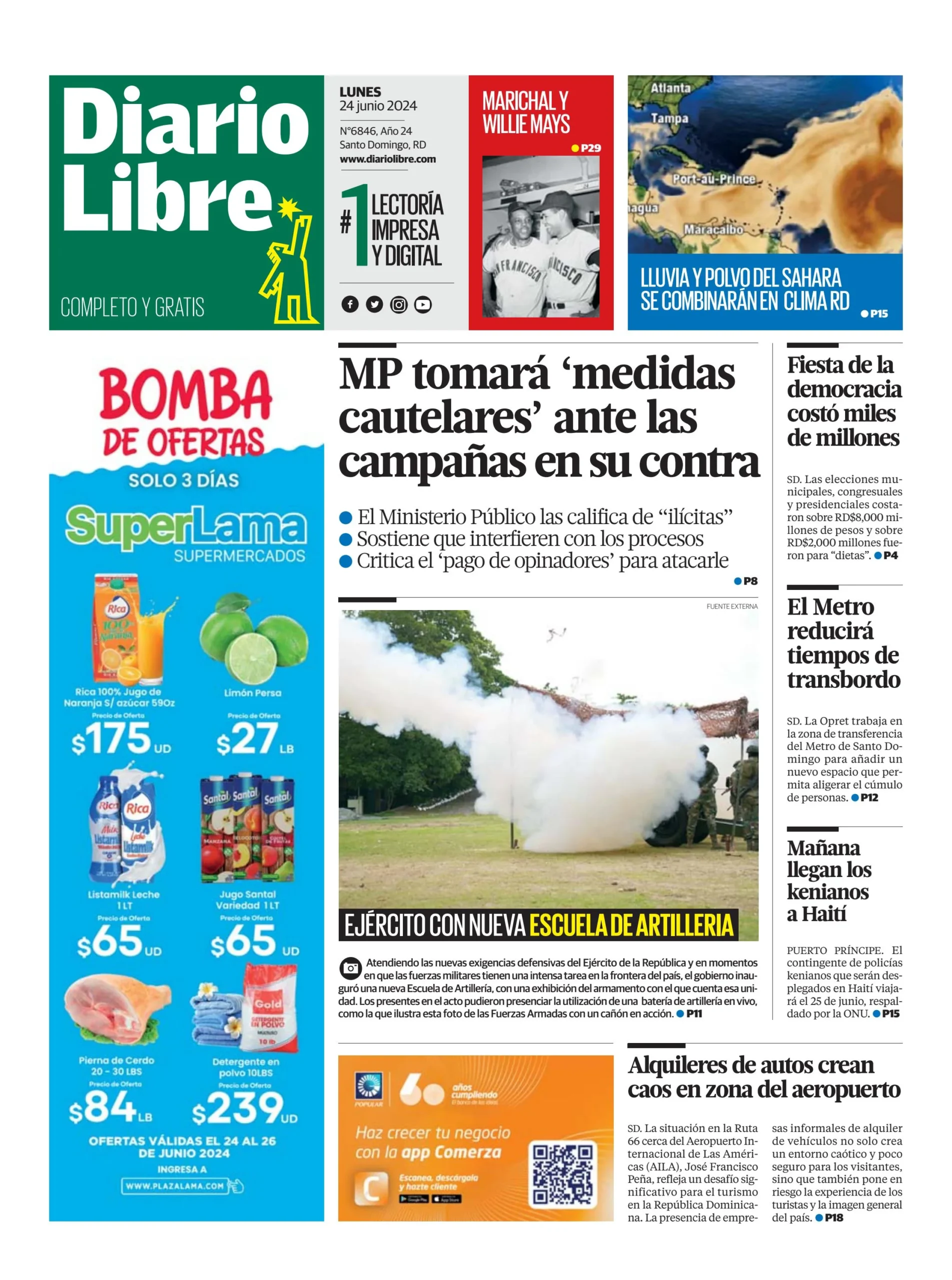 Portada Periódico Diario Libre, Lunes 24 Junio, 2024