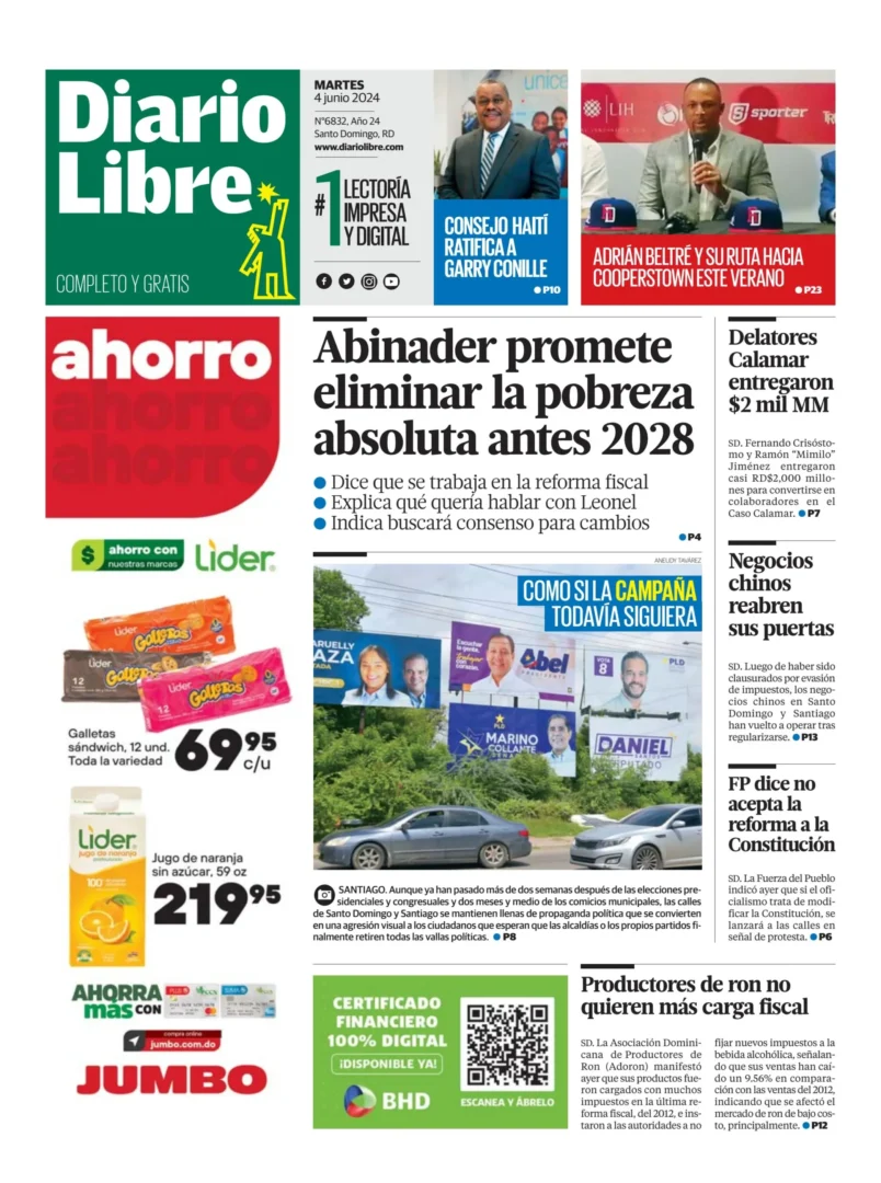 Portada Periódico Diario Libre, Martes 04 Junio, 2024
