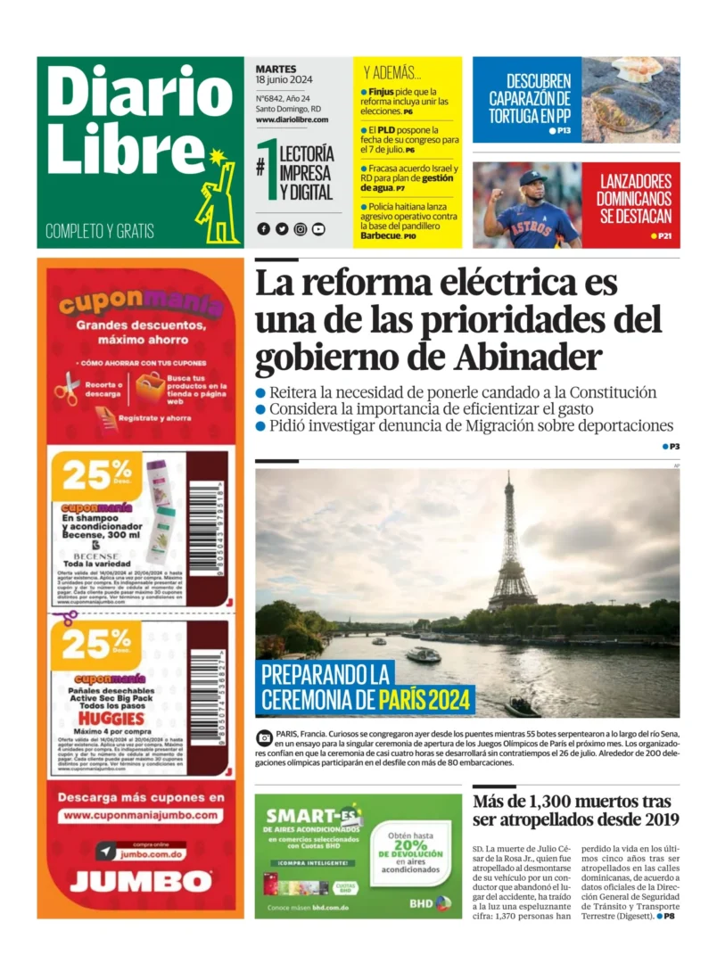 Portada Periódico Diario Libre, Martes 18 Junio, 2024