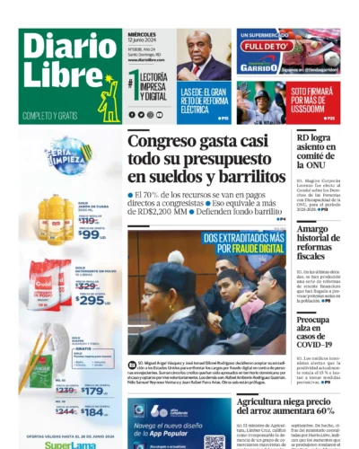 Portada Periódico Diario Libre, Miércoles 12 Junio, 2024