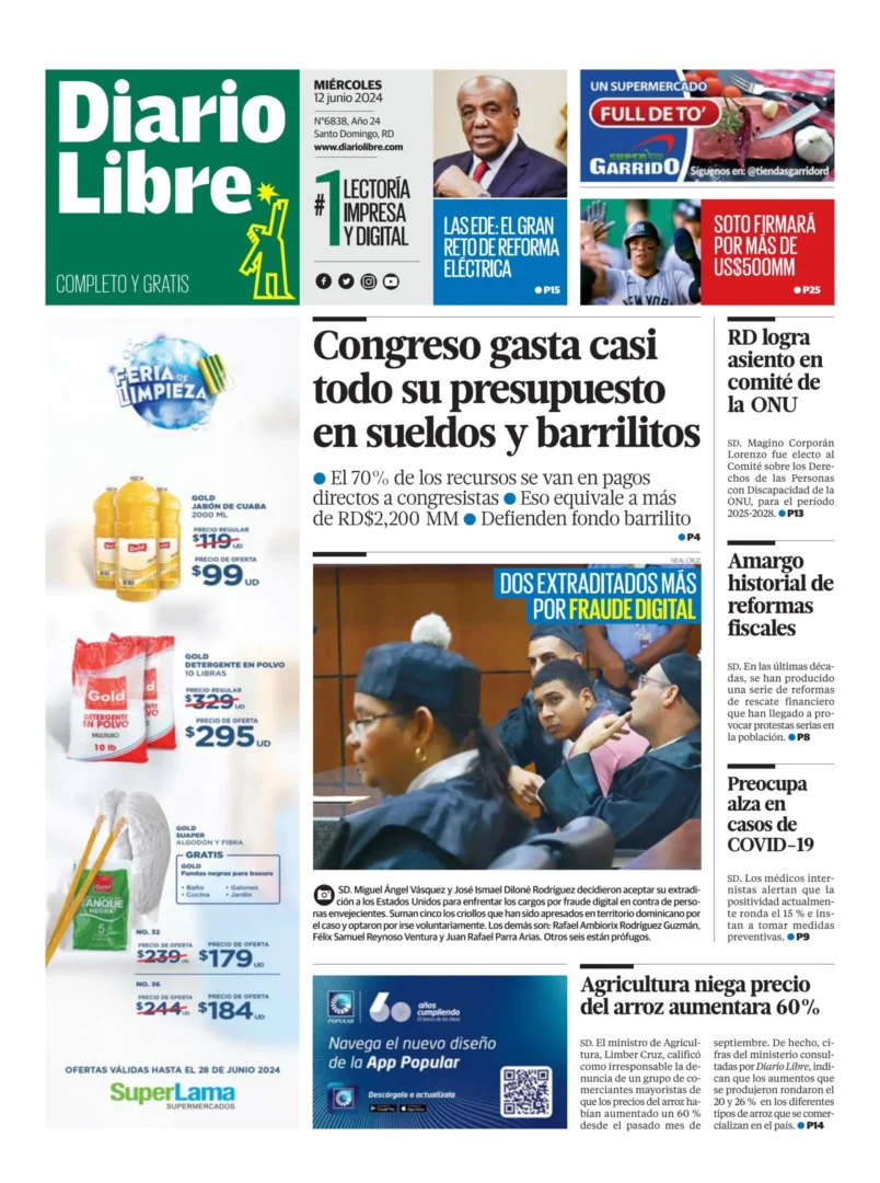 Portada Periódico Diario Libre, Miércoles 12 Junio, 2024