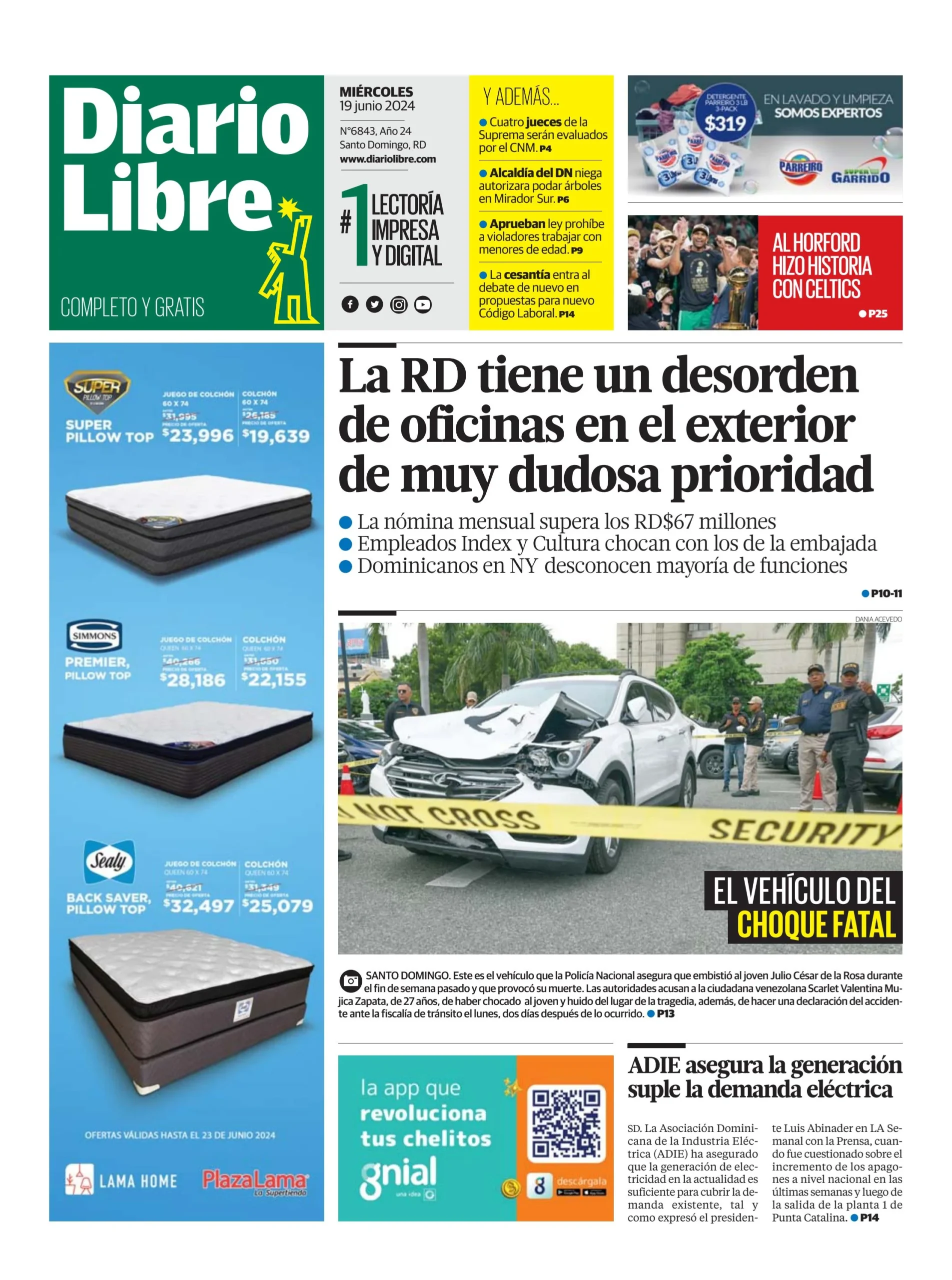 Portada Periódico Diario Libre, Miércoles 19 Junio, 2024