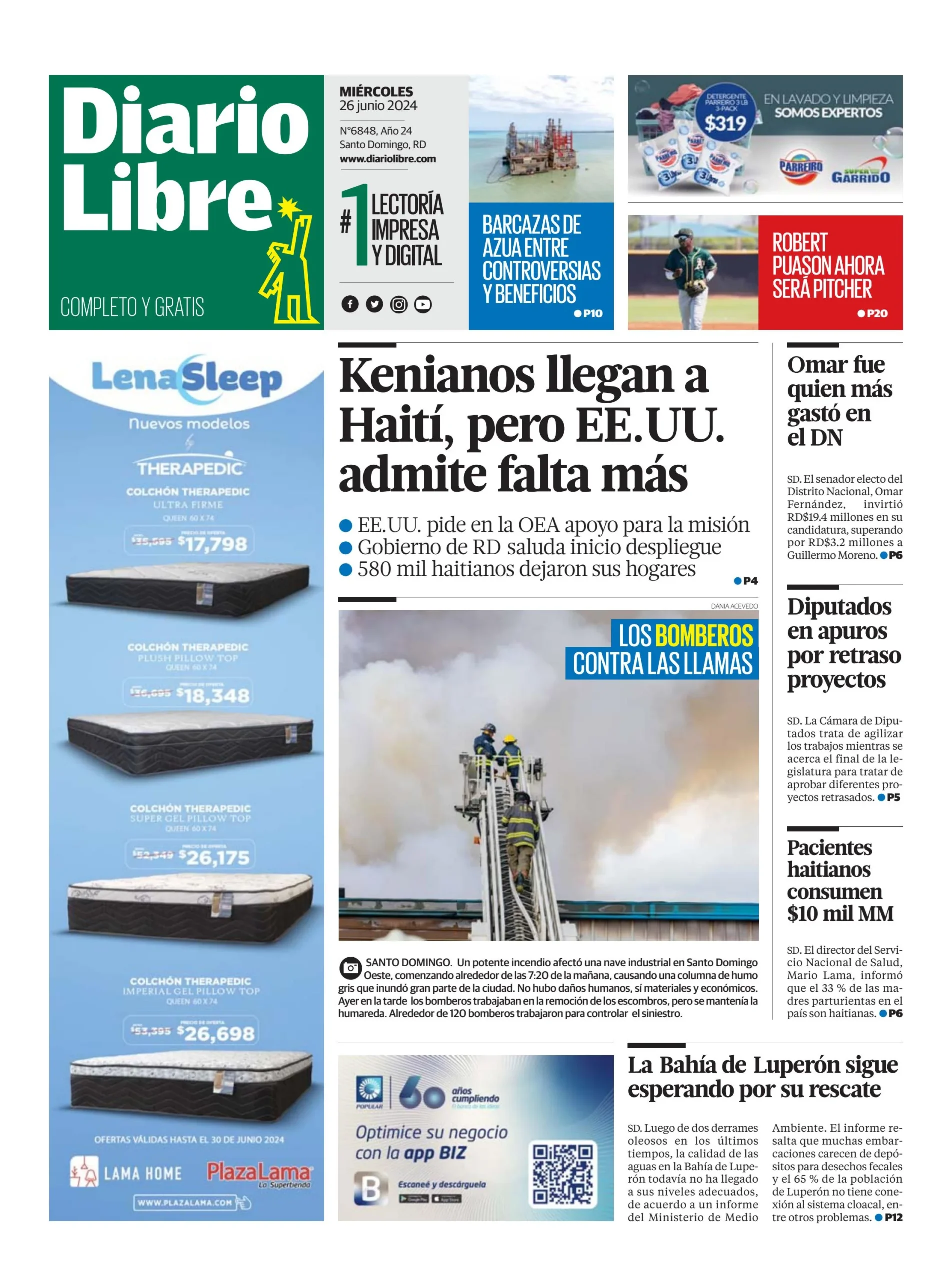 Portada Periódico Diario Libre, Miércoles 26 Junio, 2024