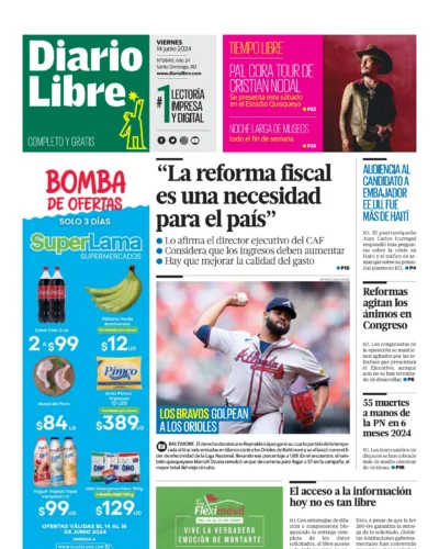 Portada Periódico Diario Libre, Viernes 14 Junio, 2024