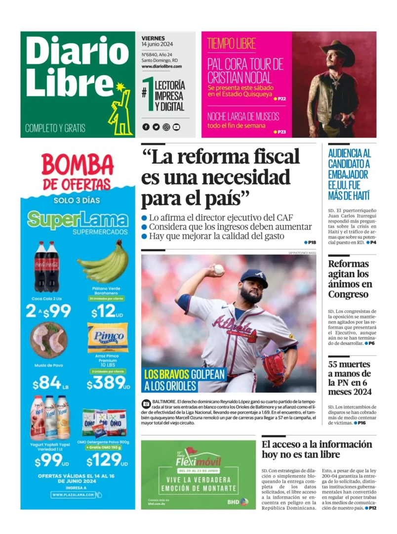 Portada Periódico Diario Libre, Viernes 14 Junio, 2024