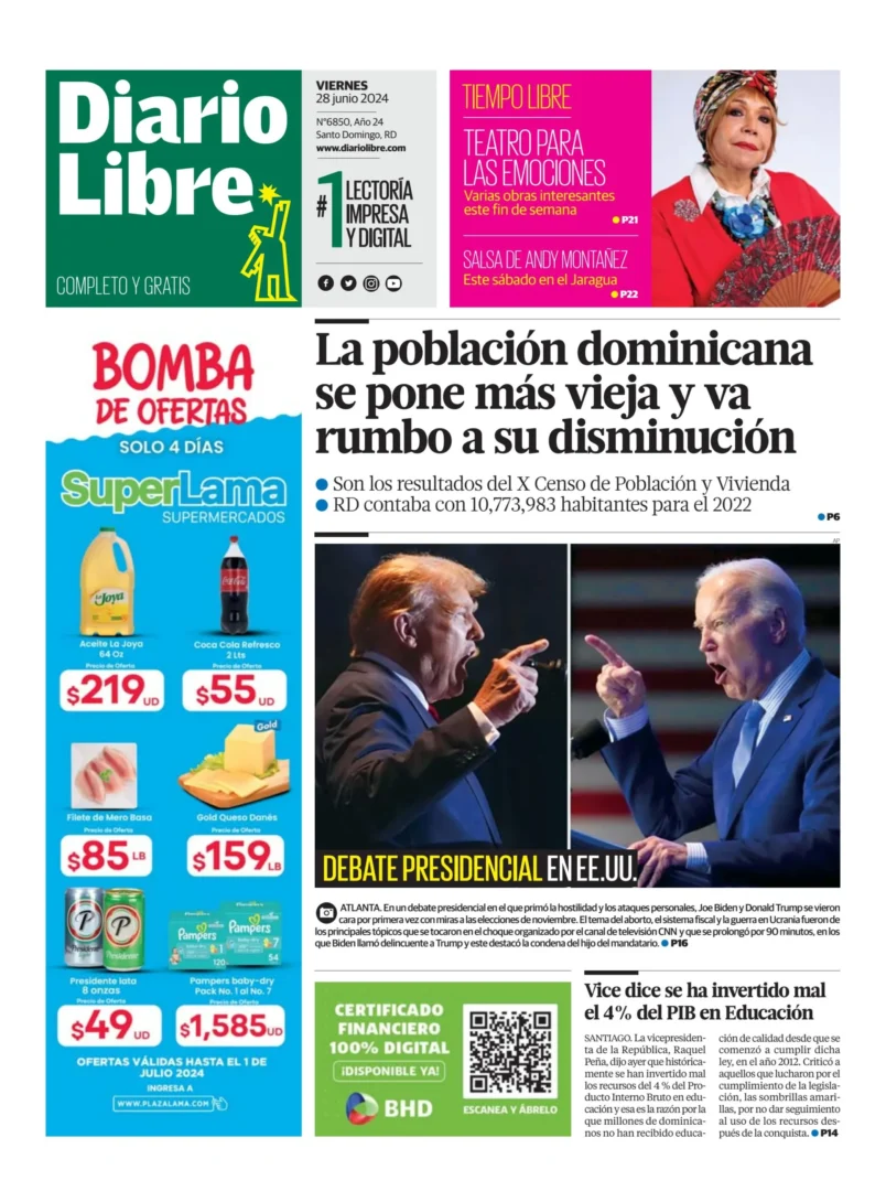 Portada Periódico Diario Libre, Viernes 28 Junio, 2024