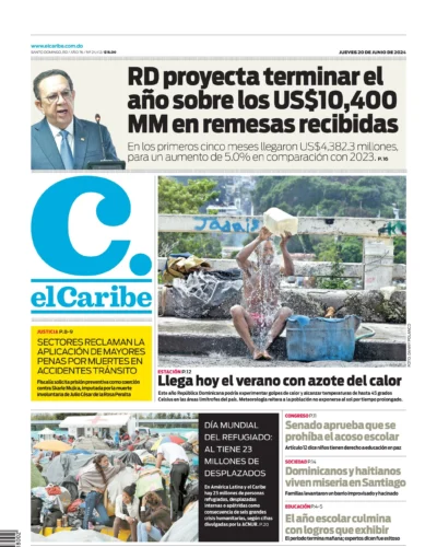 Portada Periódico El Caribe, Jueves 20 Junio, 2024