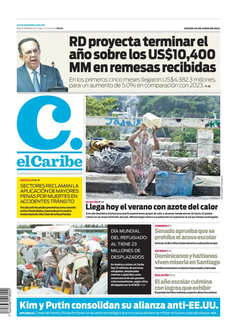 Portada Periódico El Caribe, Jueves 20 Junio, 2024