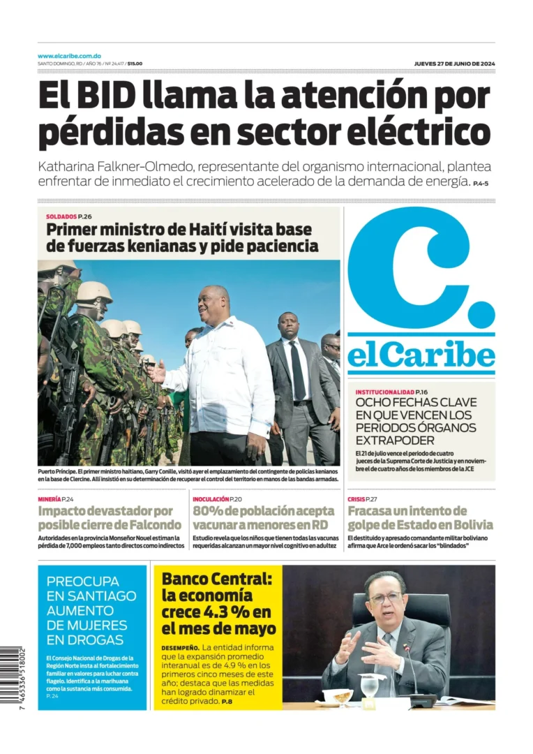 Portada Periódico El Caribe, Jueves 27 Junio, 2024